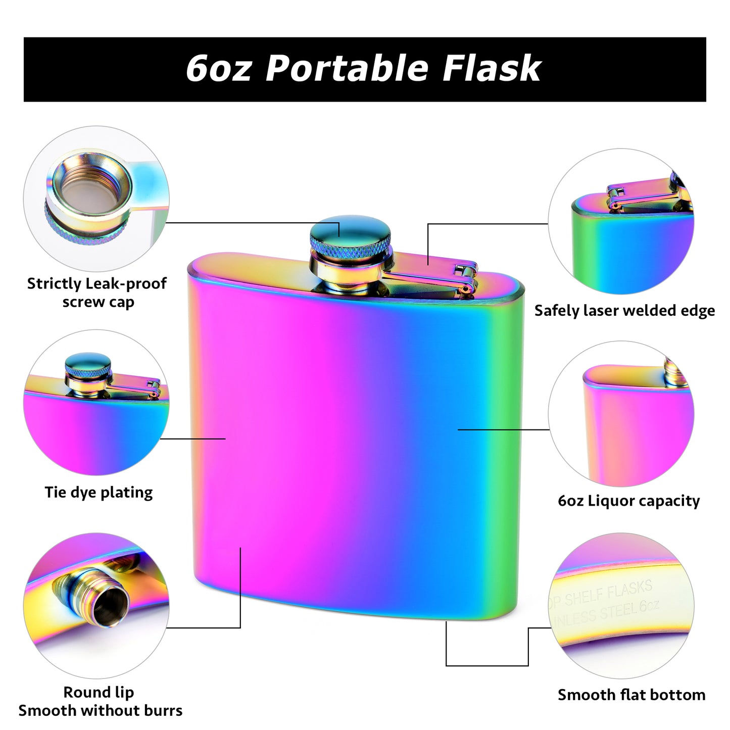 6oz Rainbow Colored Hip Flask