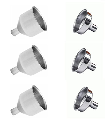 6 Pack of Stainless Steel Funnels for Hip Flasks or Essential Oils, 3 Tall, 3 Short