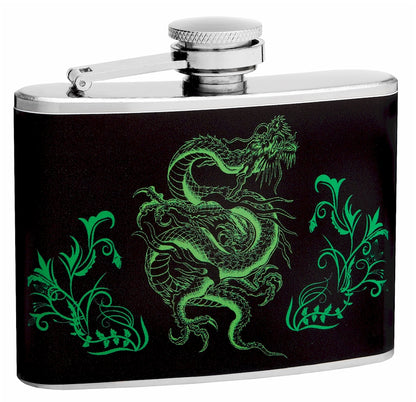 4oz Hip Flask with Neon Green Dragon Design