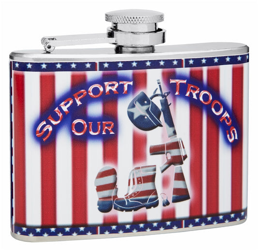 4oz Stars and Strips Support Our Troops Theme Flask