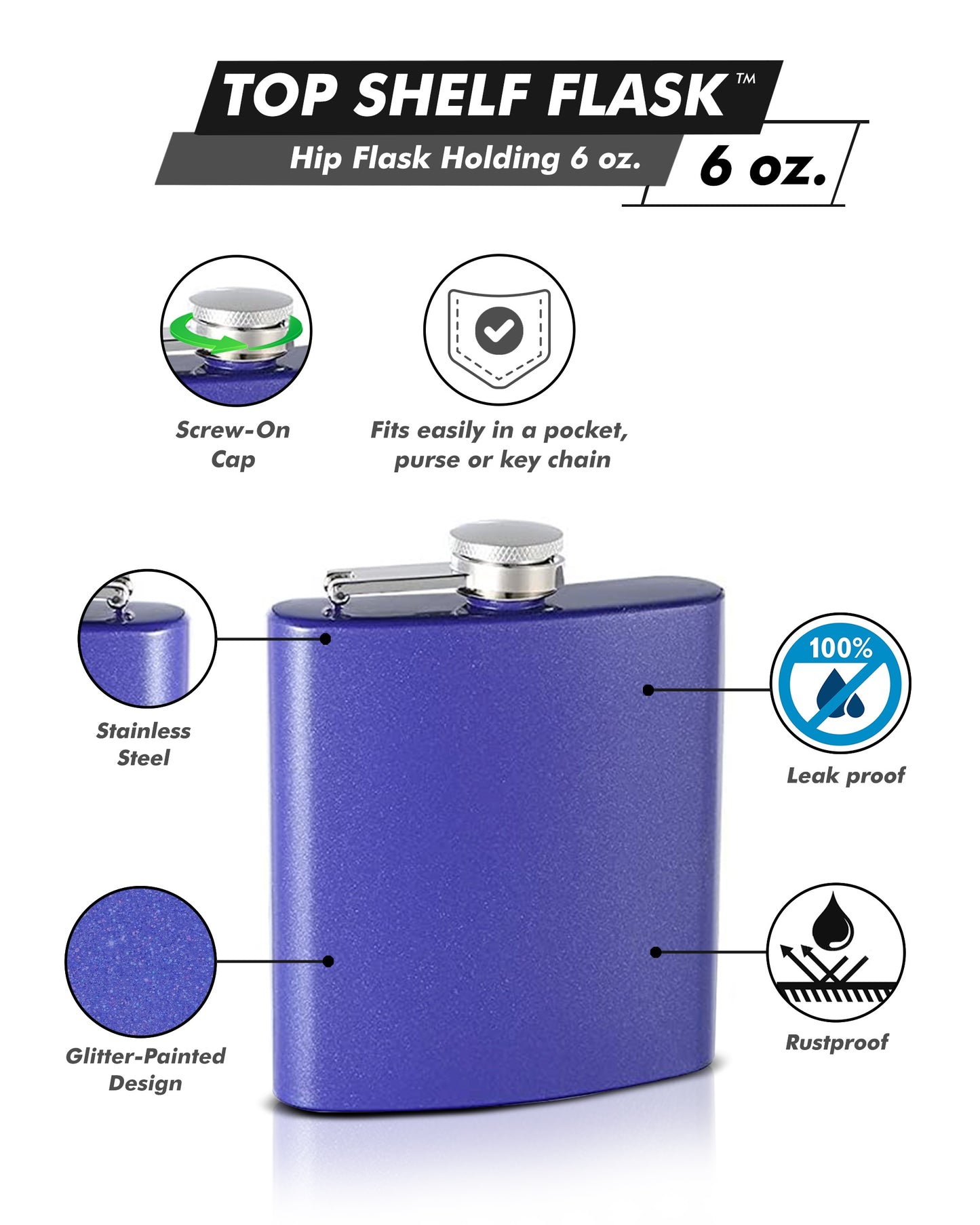 6oz Custom Glitter Paint Flask, Purple