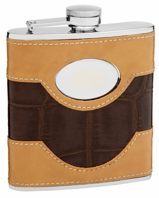 6oz Two-Tone Faux Leather Flask with Oval Engraving Area