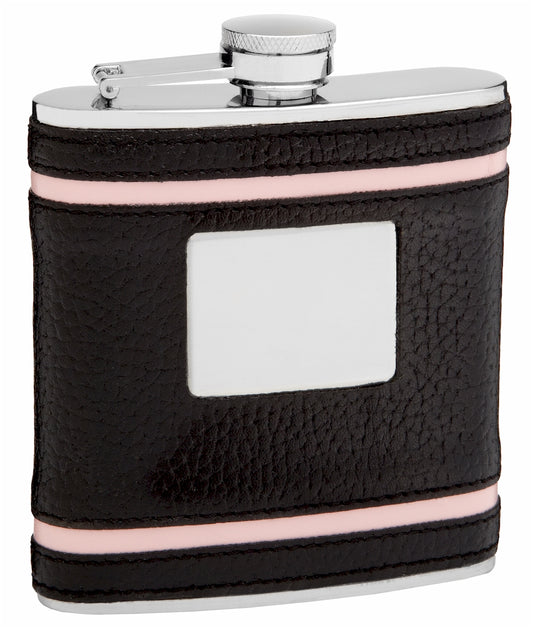 6oz Faux Leather Flask with Pink Accents and Engraving Area