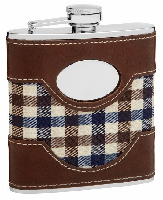 6oz Plaid Cloth and Faux Leather Hip Flask