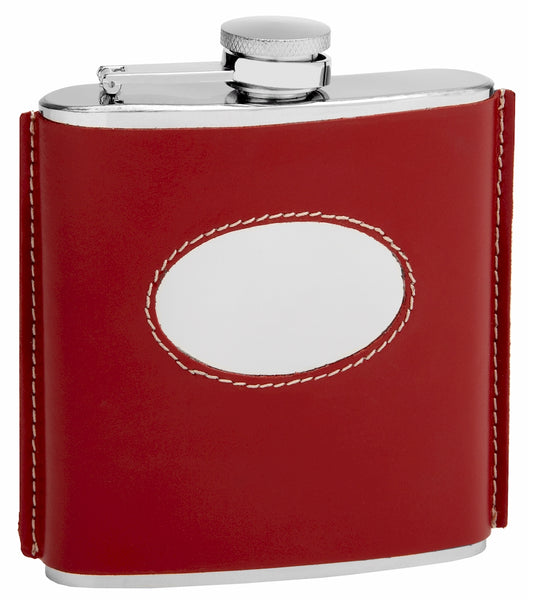 6oz Red Leather Hip Flask with Oval Engrave Area