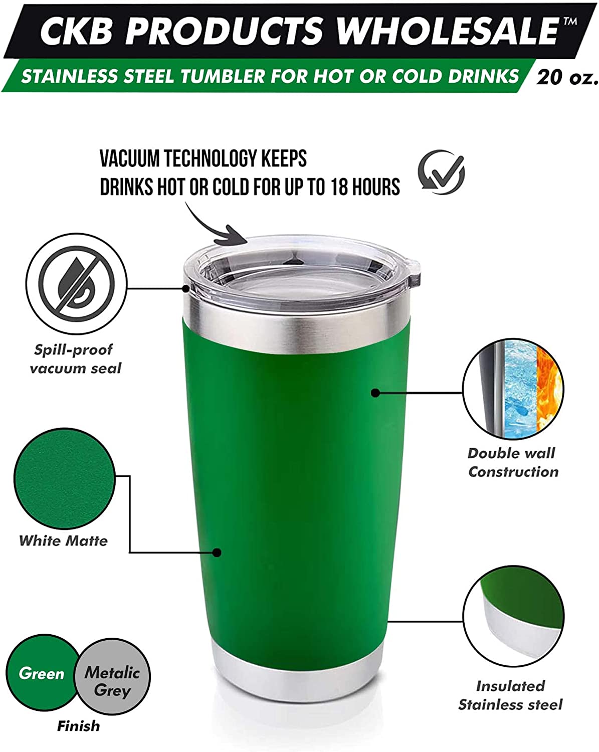 Personalized 20oz Double Wall Vacuum Tumbler with Lid - Available in Black, White, Red, Green, or Pink