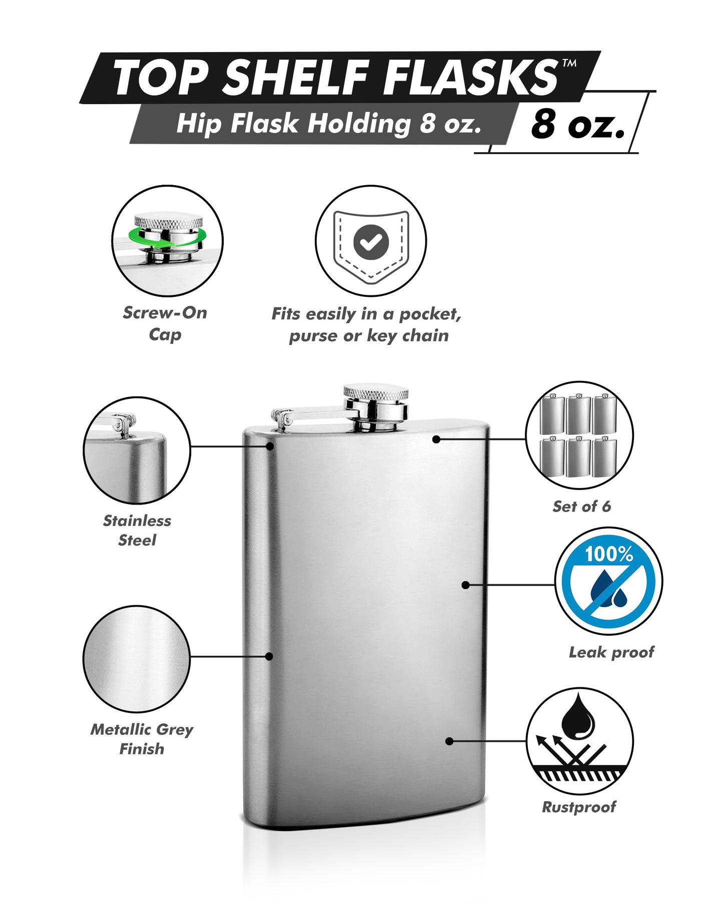 Laser Engraved Top Shelf Flasks Premium Stainless Steel Hip Flasks, 8 oz, Set of 6