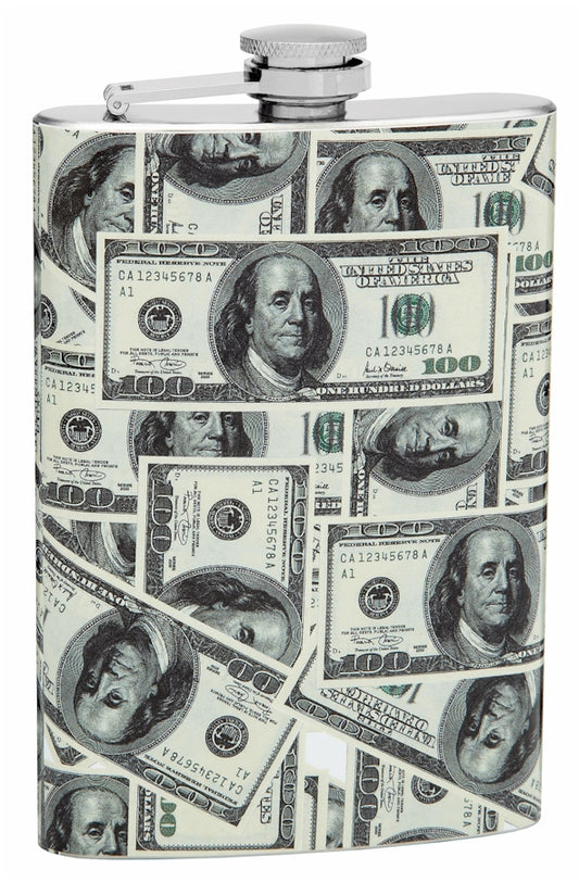 8oz 100 Dollar Bills Theme Wrapped Flask