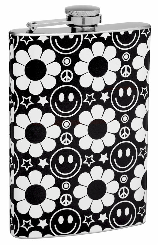 8oz Hippy Themed Smiley Face, Flowers, and Star Hip Flask