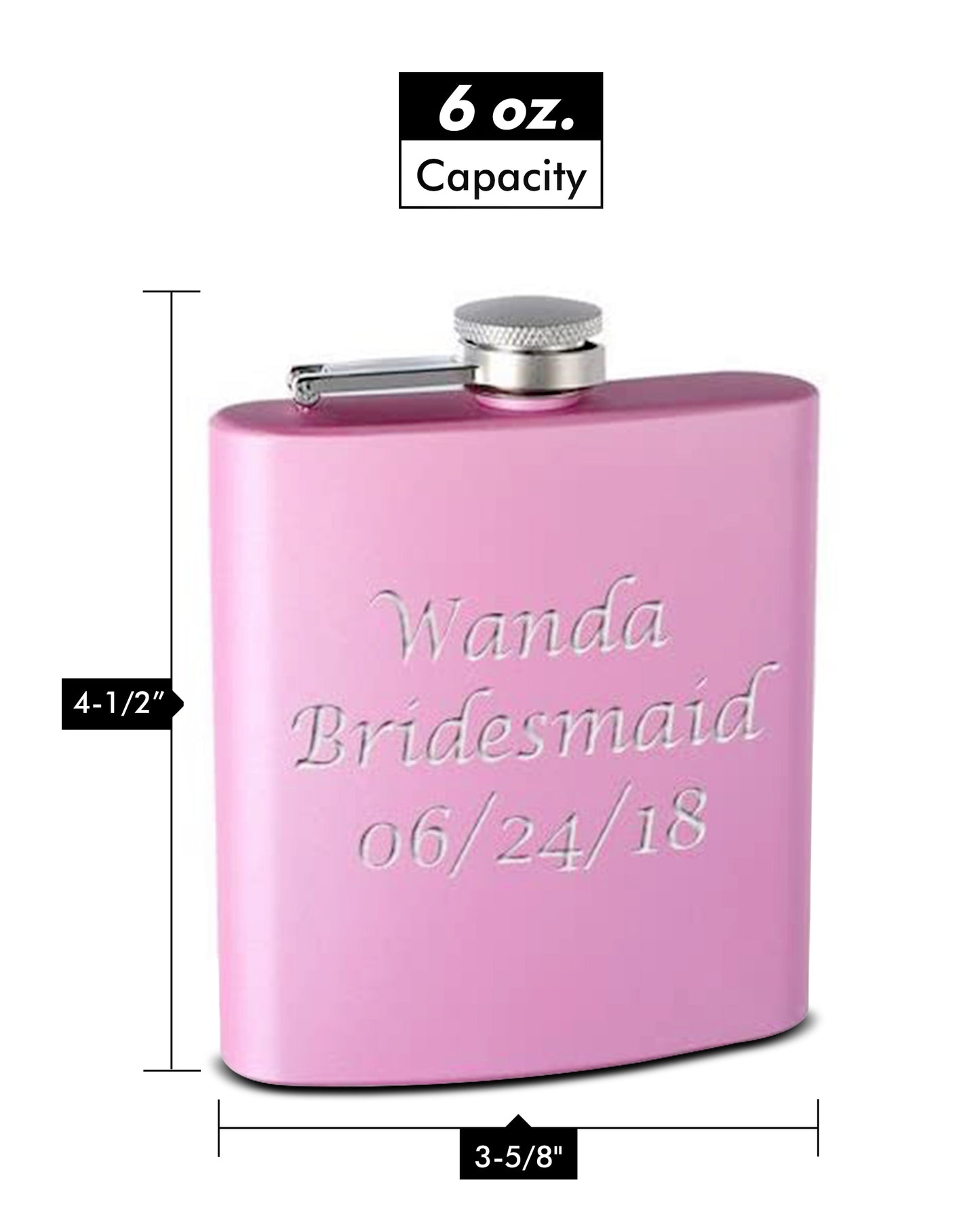 Top Shelf Flasks 6-Pack Personalized (Custom Engraved) 6oz Bridal Party Hip Flasks, Pink or Purple (Pink)