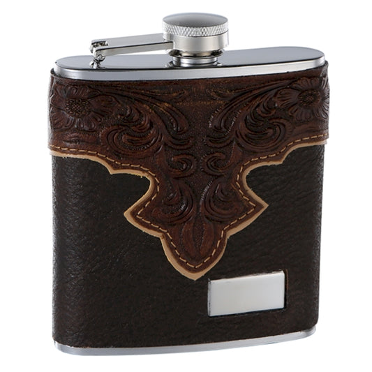 6oz Brown Leather Hip Flask with Classy Embossed Pattern
