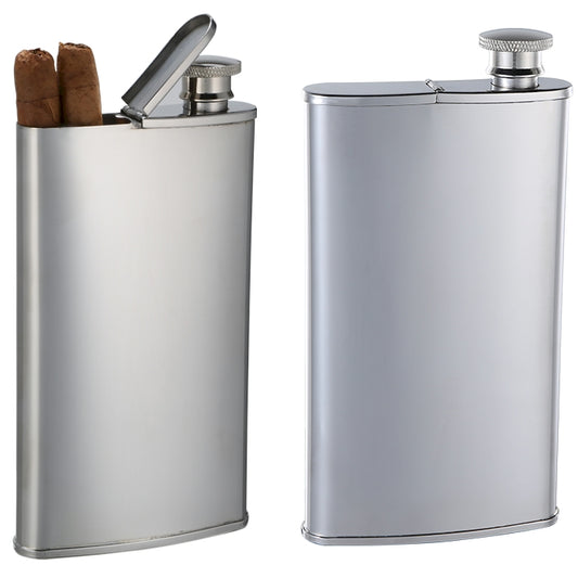 Cigar Case and Drinking Flask Combo - Stainless Steel Finish - Holds 2 Cigars and 4 oz. - Tested Leakproof - Gift Boxed and Engraved/Personalized