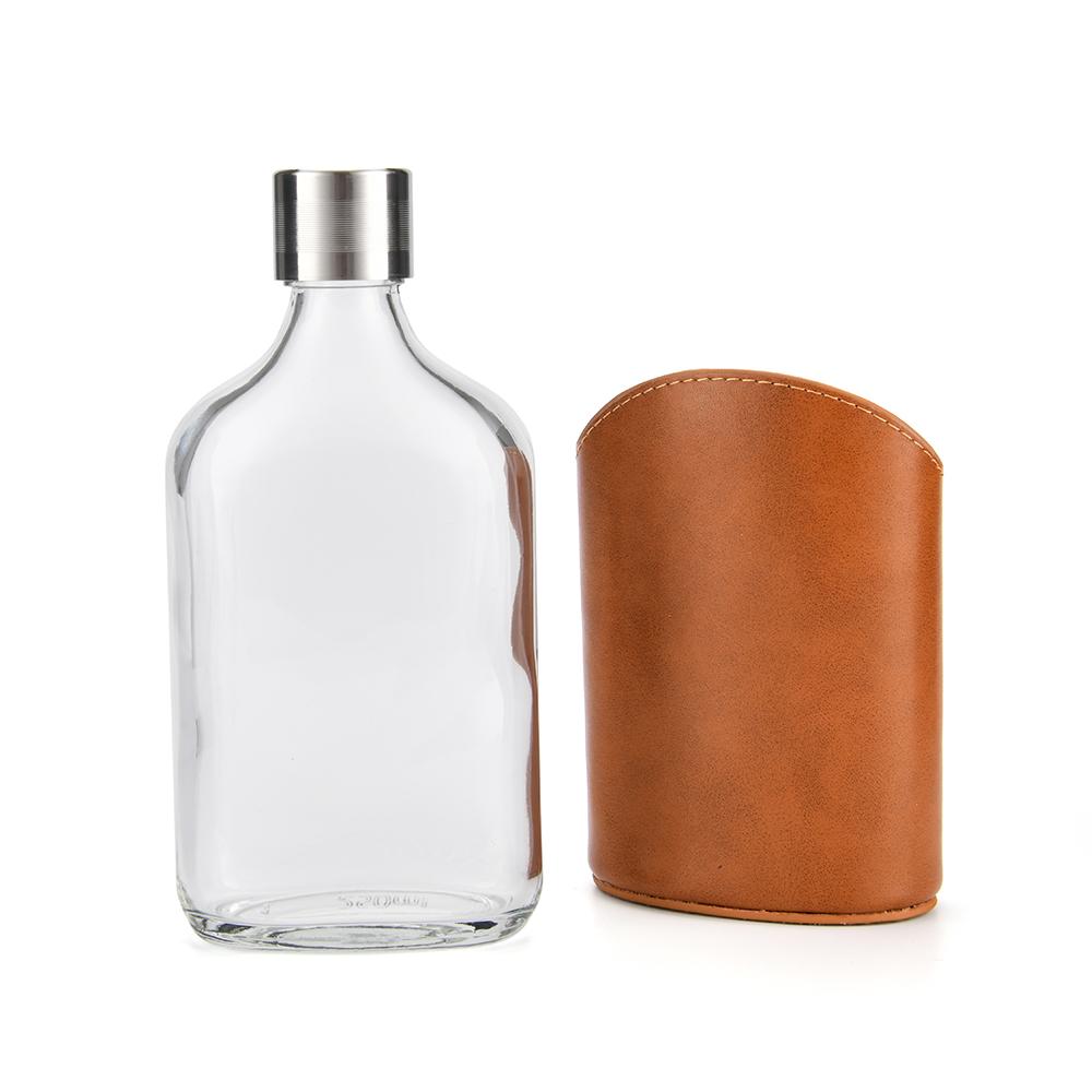 Personalized Modern Glass Liquor Hip Flask with Removable Leather Pouch Holder for Men & Women - Stainless Steel Cap
