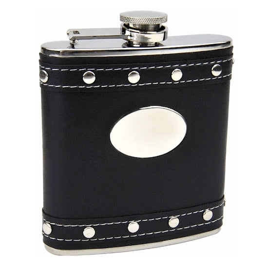 6oz Black Hip Flask with Studded Stainless Steel