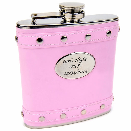 6oz Pink Hip Flask with Studded Stainless Steel