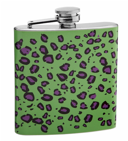 6oz Green and Purple Leopard Print Hip Flask