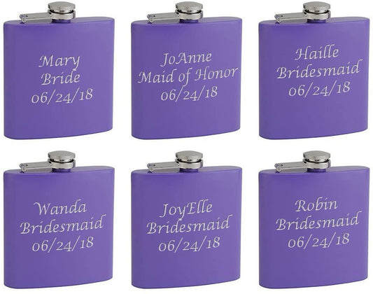 Hip Flask Holding 6 oz for Bridesmaid - Purple Finish, Stainless Steel, Screw-On Cap, Expertly Welded, Leakproof, Rustproof - Front Engravable for Personalized Gift