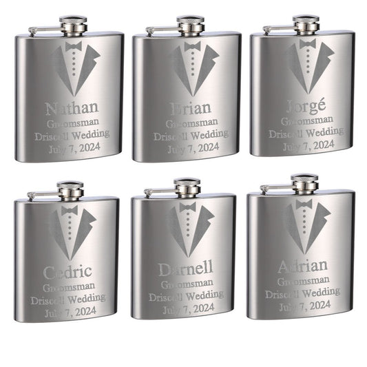 Top Shelf Flasks Personalized Custom Engraved 6oz Stainless Steel Groomsman Tuxedo Flasks for Weddings, True Metal Etching Lasts a Lifetime, Set of 6