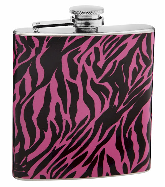 Black and Pink Zebra Printed 6oz Hip Flask
