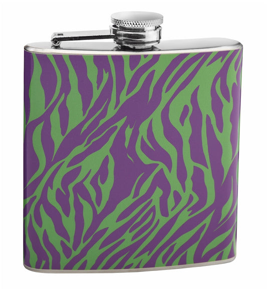 6oz Purple and Green Zebra Print Hip Flask