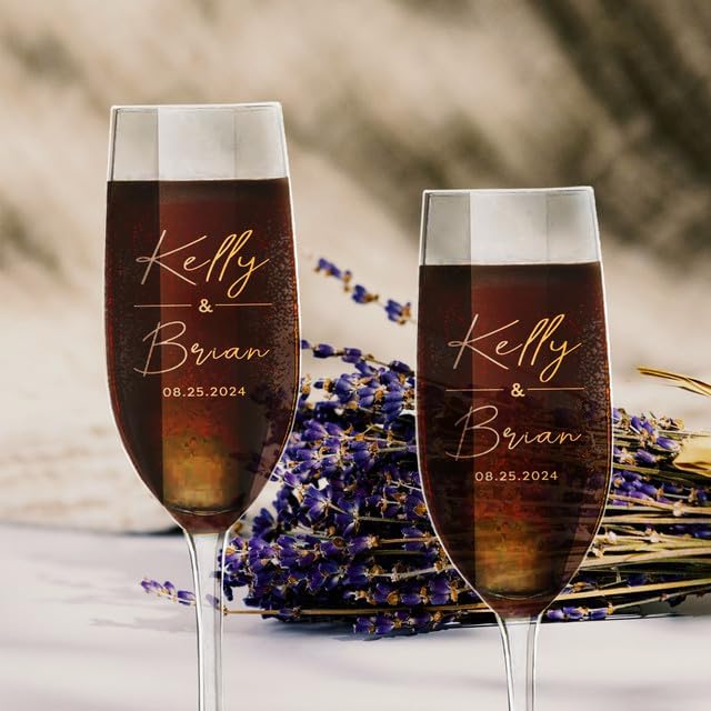 Personalized Champagne Flutes Set of 2, Wedding Gifts for Bride and Groom with Couple's Names and Date, Customized Champagne Flutes, Modern Toasting Glasses