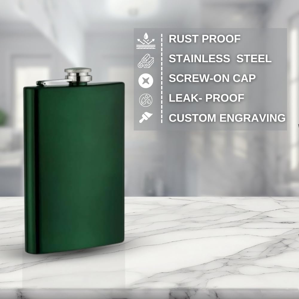 Green Powder Coated 8oz Painted Hip Flask Engraved