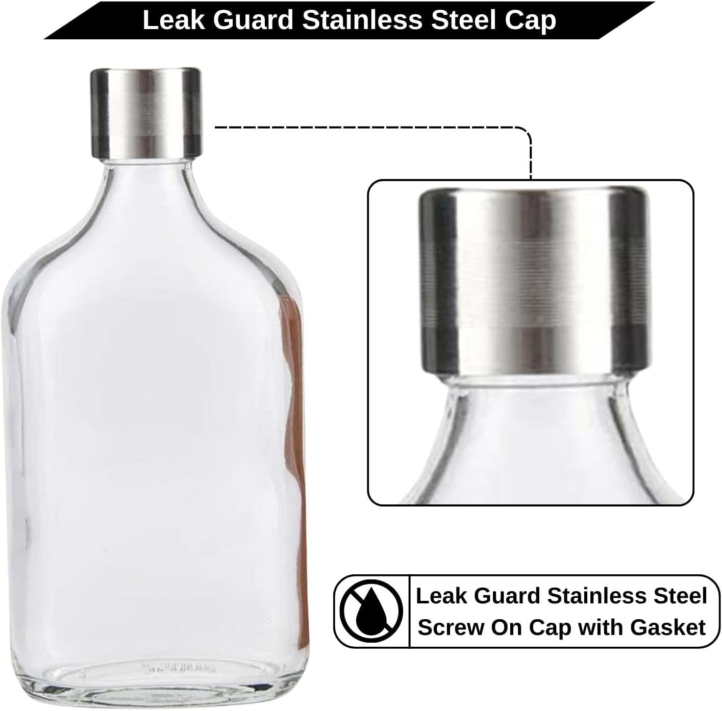 stainless steel cap on glass hip flask