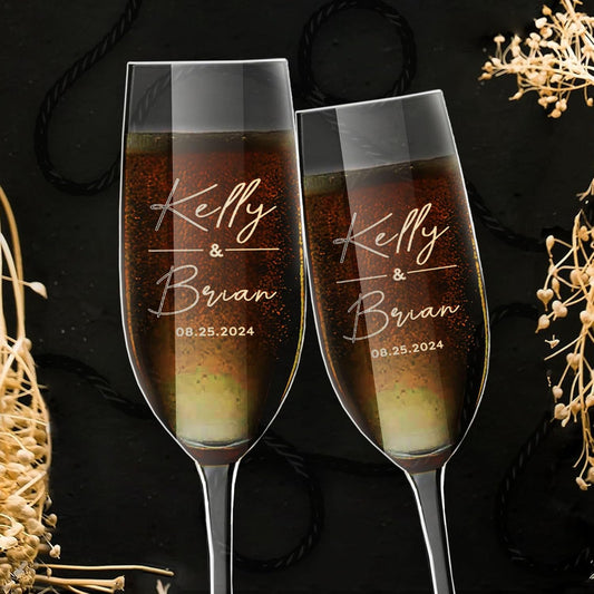 Personalized Champagne Flutes Set of 2, Wedding Gifts for Bride and Groom with Couple's Names and Date, Customized Champagne Flutes, Modern Toasting Glasses