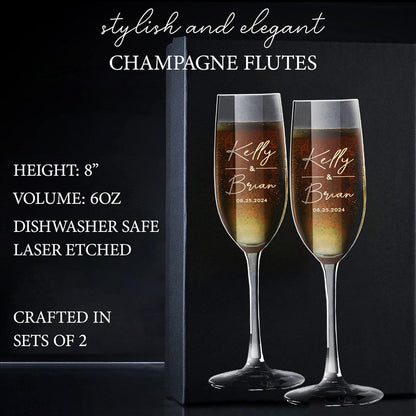 Personalized Champagne Flutes Set of 2, Wedding Gifts for Bride and Groom with Couple's Names and Date, Customized Champagne Flutes, Modern Toasting Glasses