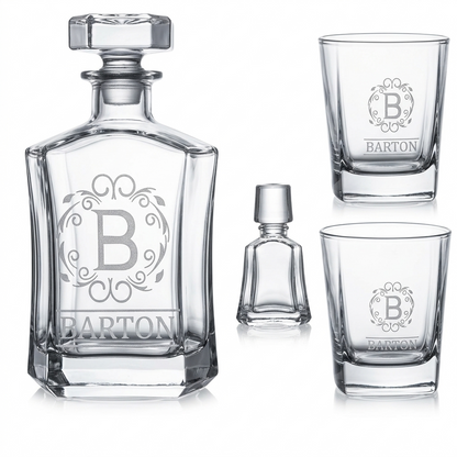 SALE - 35% OFF AT CHECKOUT - Personalized Whiskey Decanter Set | Custom Engraved 25 oz, 750ml Liquor Decanter w/Whiskey Glasses Set