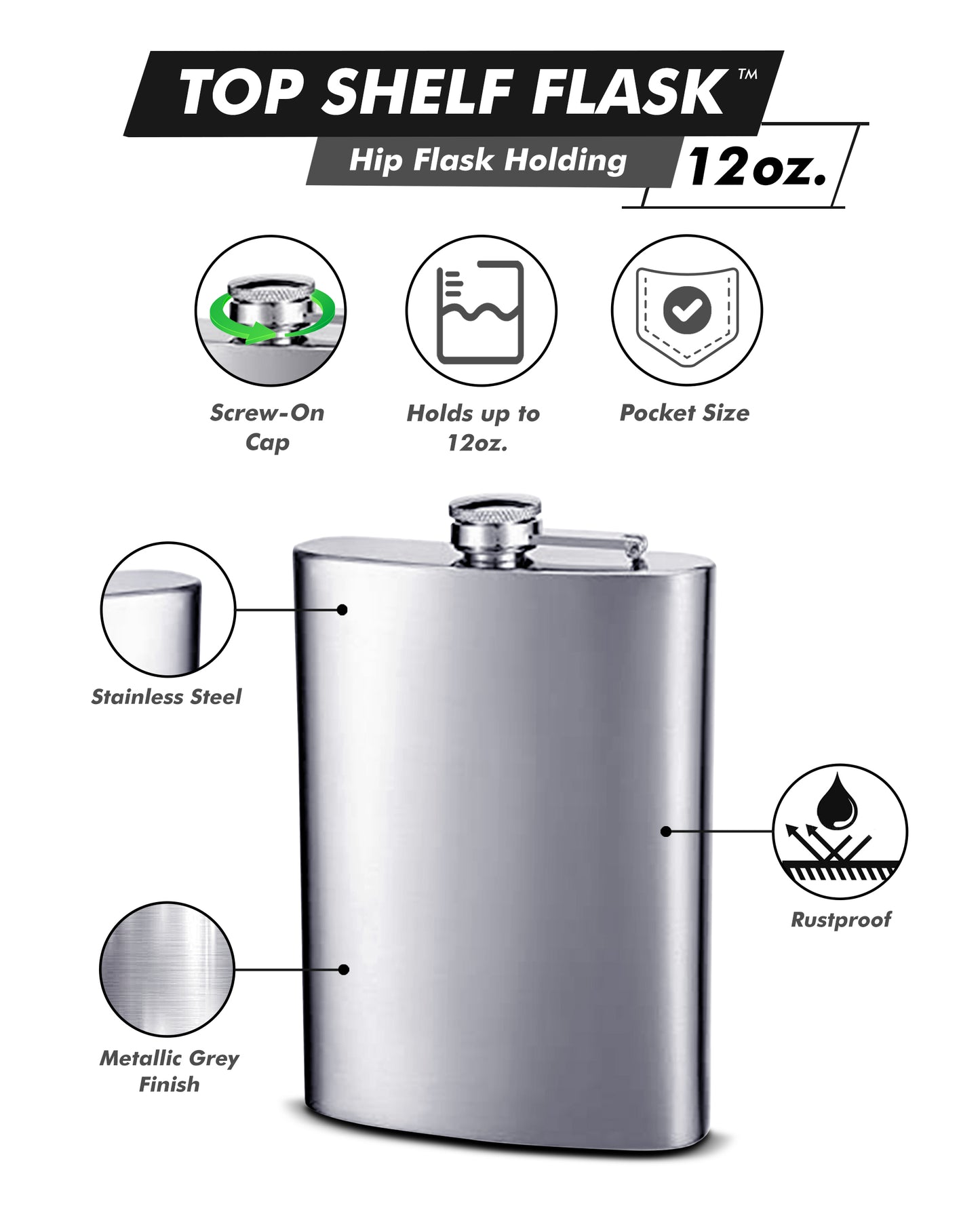 12oz Premium Hip Flasks, Bulk Wholesale Lot of 25  - No Personalization