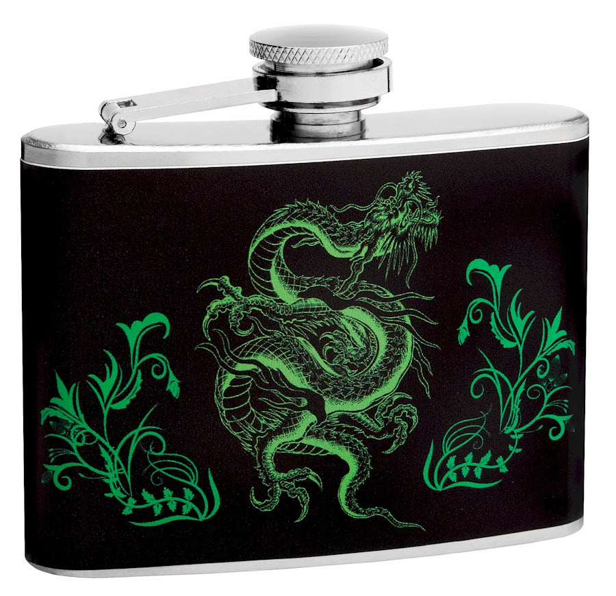 4oz Hip Flask with Neon Green Dragon Design – Flasks.com