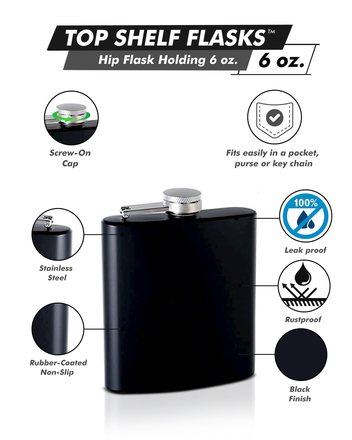 6oz Soft Rubber-Coated Hip Flask, Black