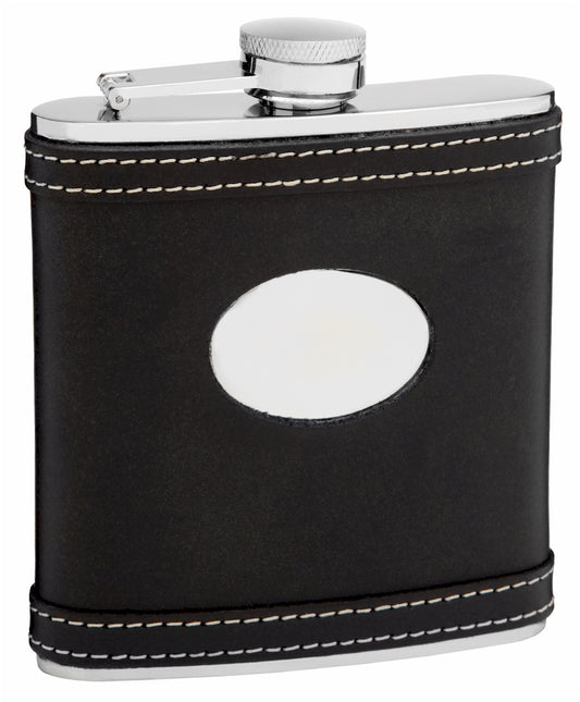 6oz Black Leather Hip Flask with White Accent Stitching