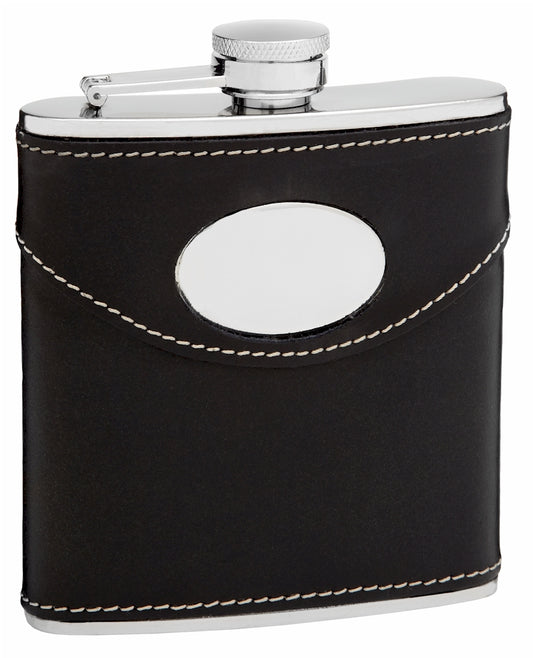 6oz Black Leather Hip Flask with Oval Engraving Area