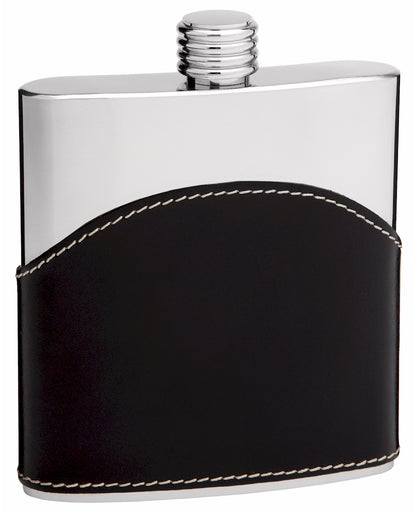 6oz Black Genuine Leather Hip Flask with Engraving Area