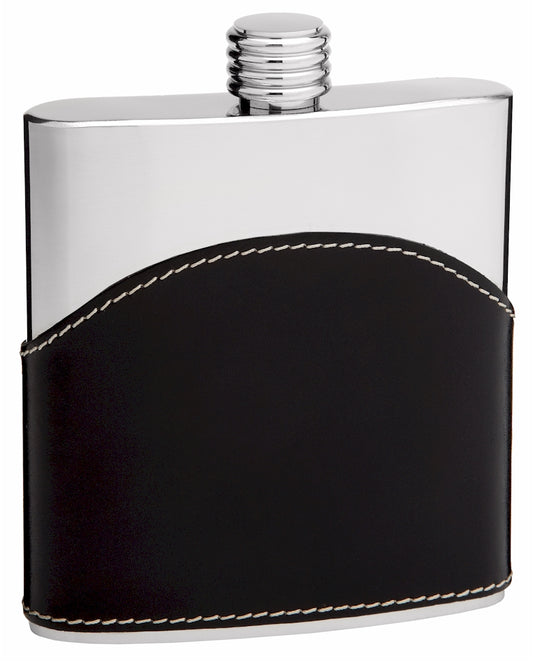 6oz Black Genuine Leather Hip Flask with Engraving Area