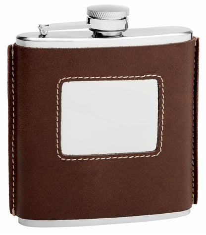 6oz Brown Leather Flask with Square Engrave Area