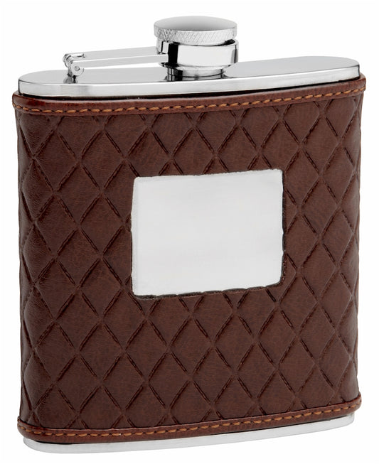 6oz Brown Leather Hip Flask with Quilted Pattern