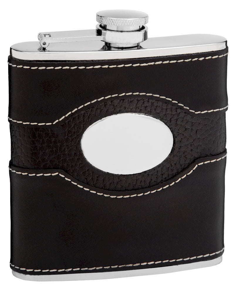 6oz Black Leather Hip Flask with Monogram Area – Flasks.com