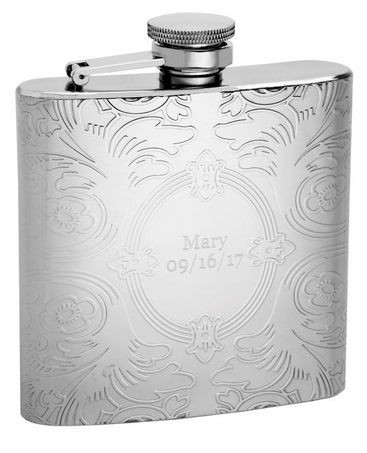 6oz Embossed Floral Pattern Hip Flask with Oval Engrave Area