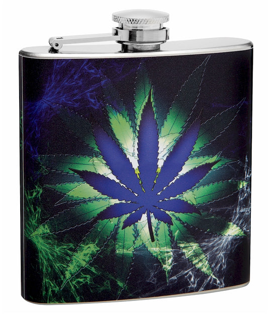 6oz Blue Glowing Pot Leaf Hip Flask