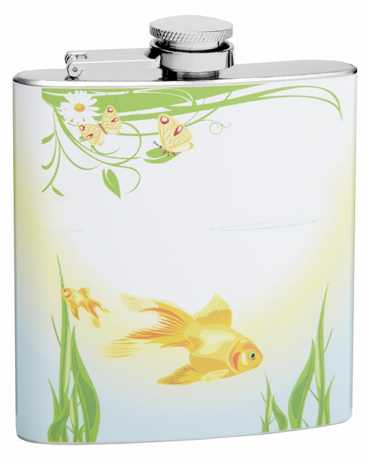 6oz Swimming Gold Fish and Sitting Butterflys Hip Flask