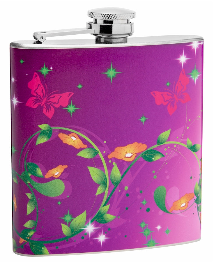 6oz Butterflies and Floral Pattern Hip Flask