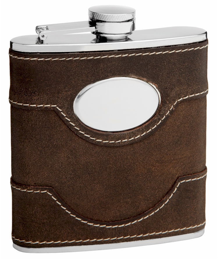 6oz Brown Leather Hip Flask with Engraving Plate