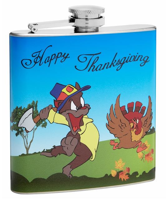 6oz Happy Thanksgiving Cat Versus Turkey Hip Flask