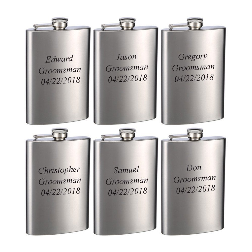 Laser Engraved Top Shelf Flasks Premium Stainless Steel Hip Flasks, 8 oz, Set of 6