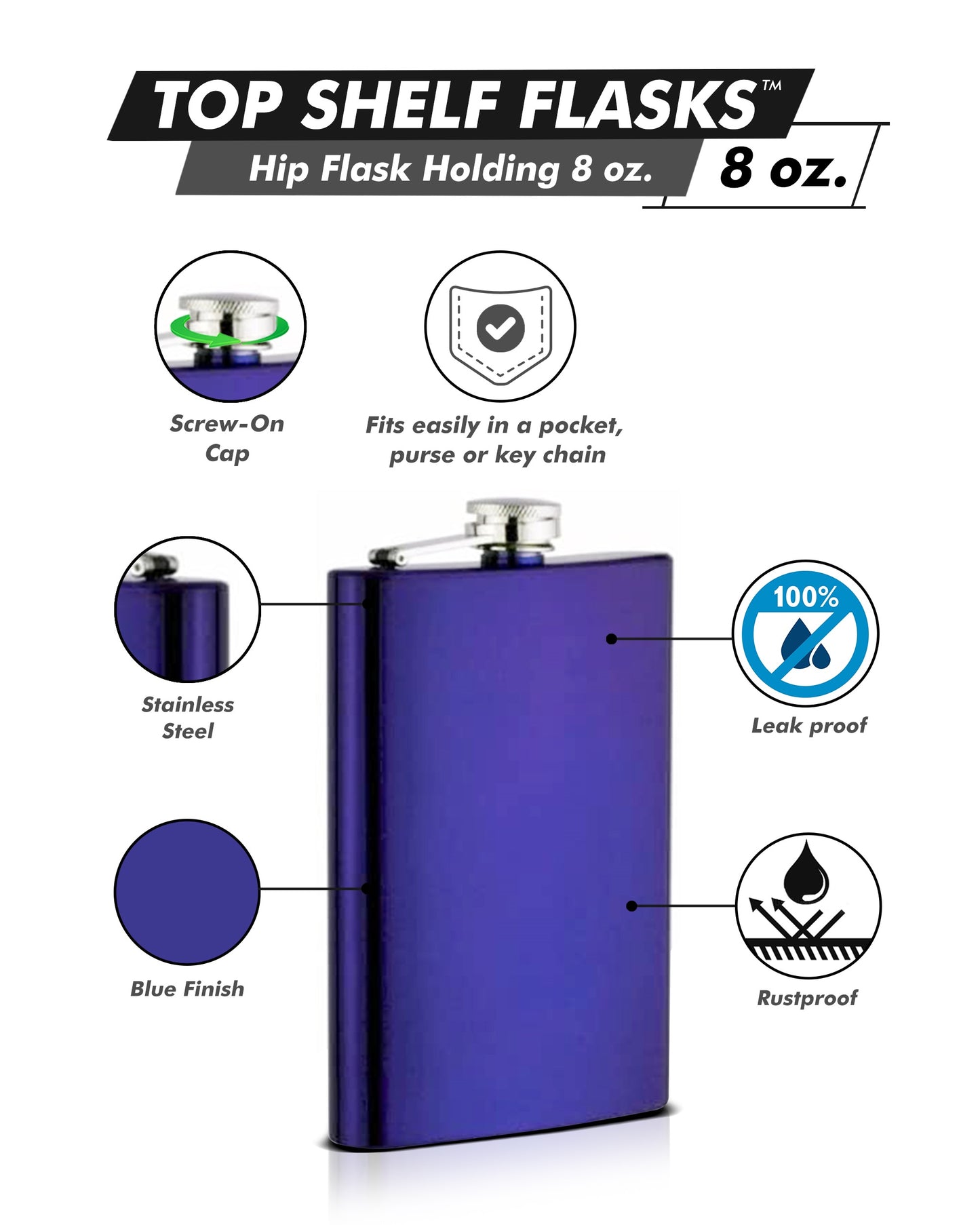 Electric Blue Powder Coated 8oz Painted Hip Flask Engraved