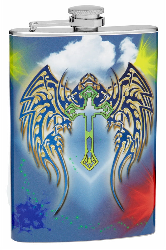 8oz Cross and Angel Wing Hip Flask