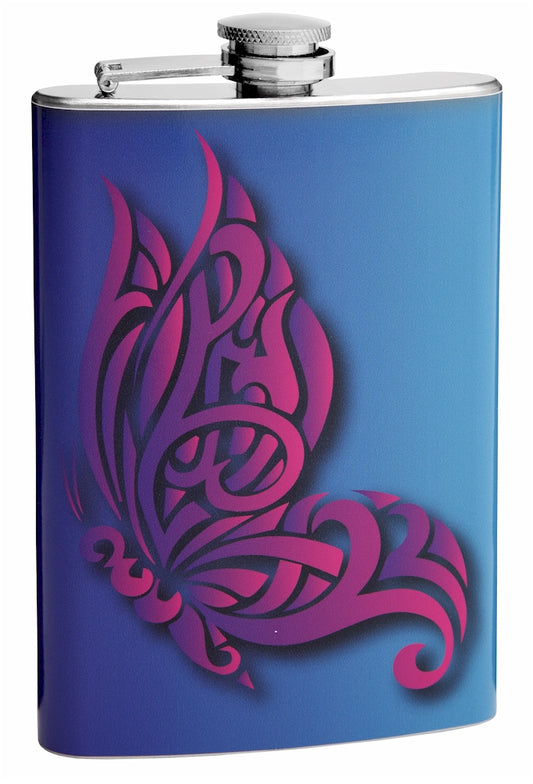 Pink Butterfly 8oz Hip Flask